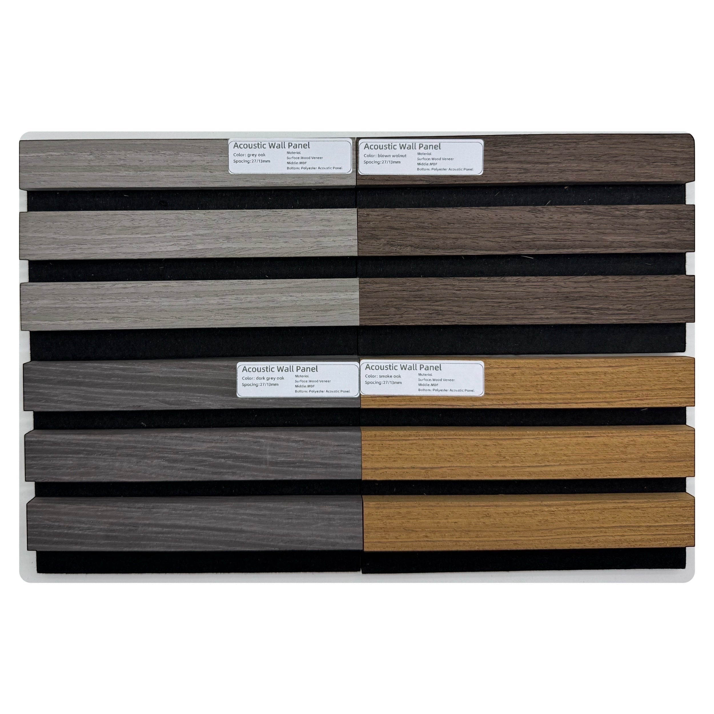 BoxUnboxed acoustic wall panels in grey oak, dark grey oak, blown wood, and smoke oak finishes with black felt backing.