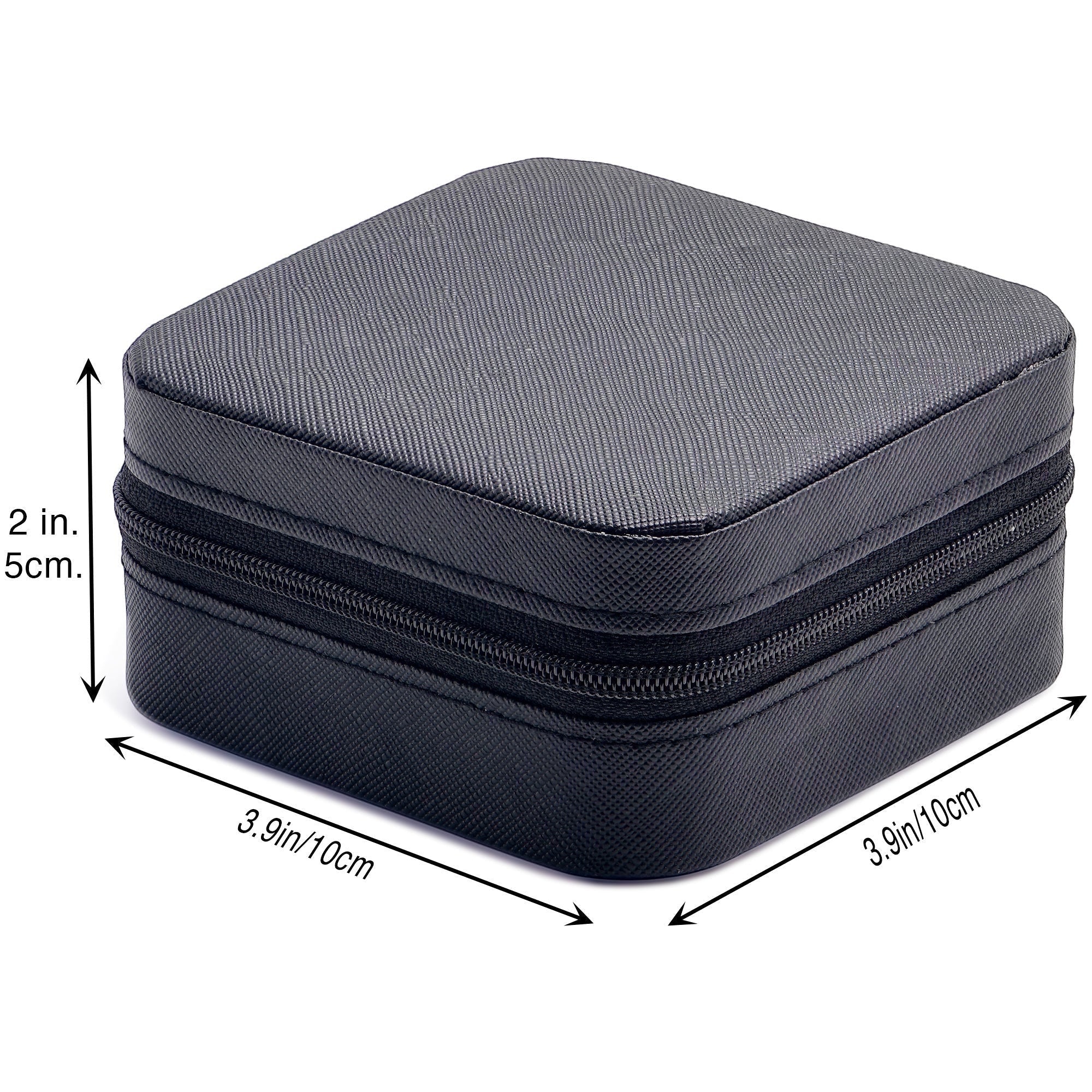 BoxUnboxed black textured travel jewelry box organizer with zipper closure and interior compartments. 3.9in x 3.9in x 2in.