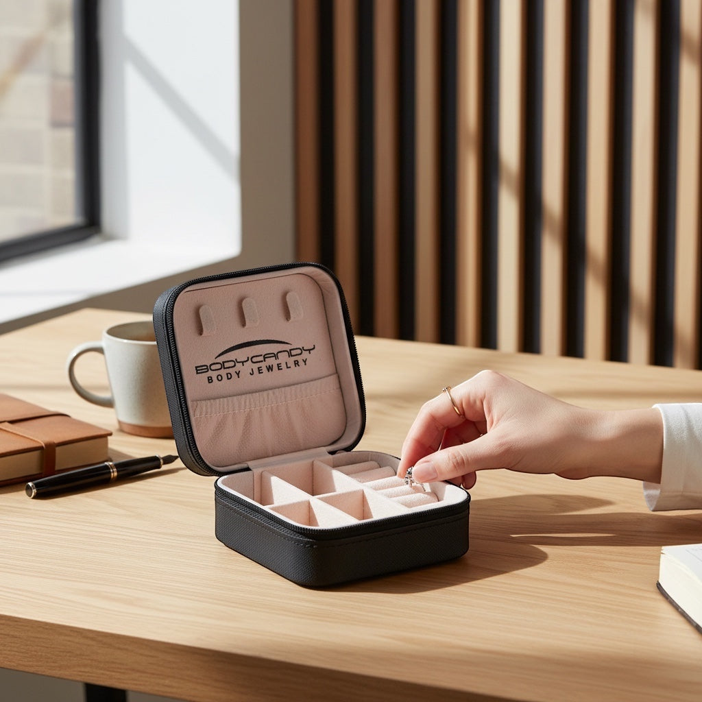 BoxUnboxed black travel jewelry organizer with soft pink interior, ring rolls, and compartments. Hand placing ring.