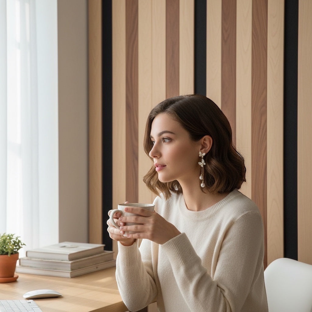 BoxUnboxed gold butterfly tassel earrings with freshwater pearls and iridescent shell wings, worn by a woman holding a mug.