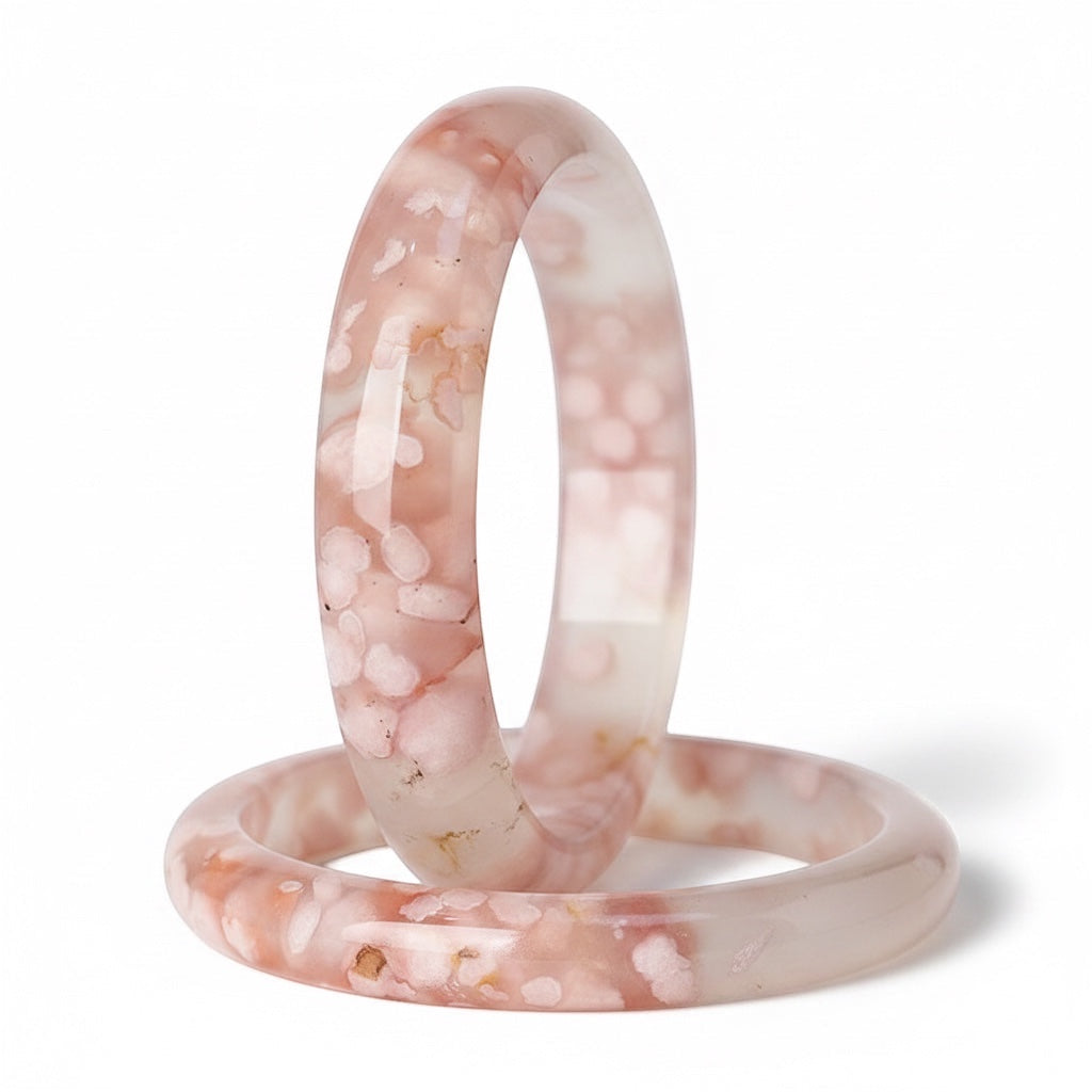 BoxUnboxed Natural Flower Agate Sakura Bangles with pink floral inclusions and polished finish.