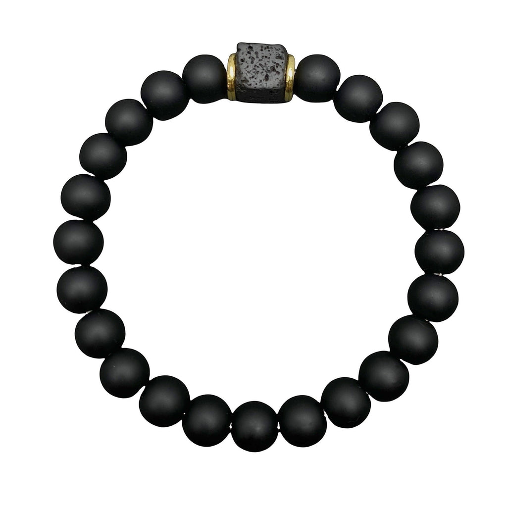 BoxUnboxed Obsidian & Volcanic Stone Stack Bracelet with matte black beads and a central cube accent.